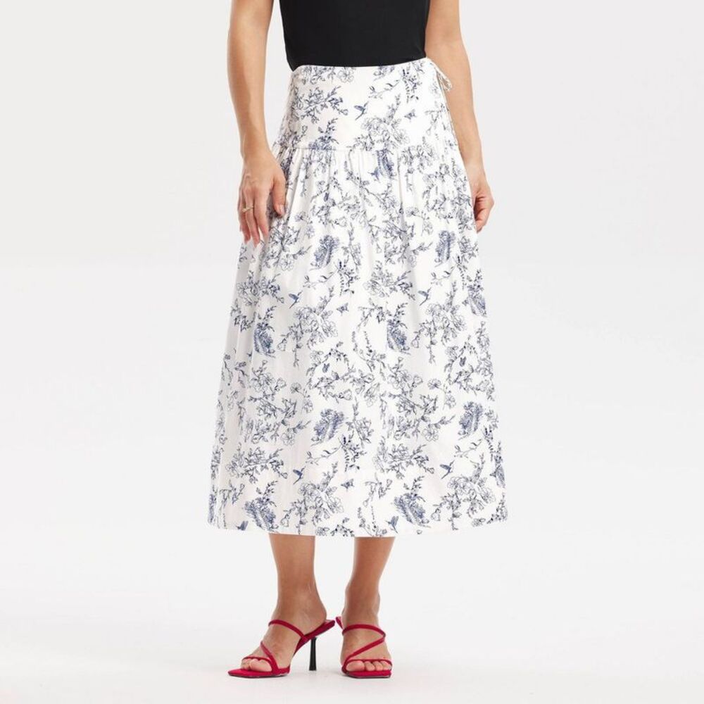 Women's Low-Rise Drop Waist Flared Midi Skirt - A New Day White Floral XXL